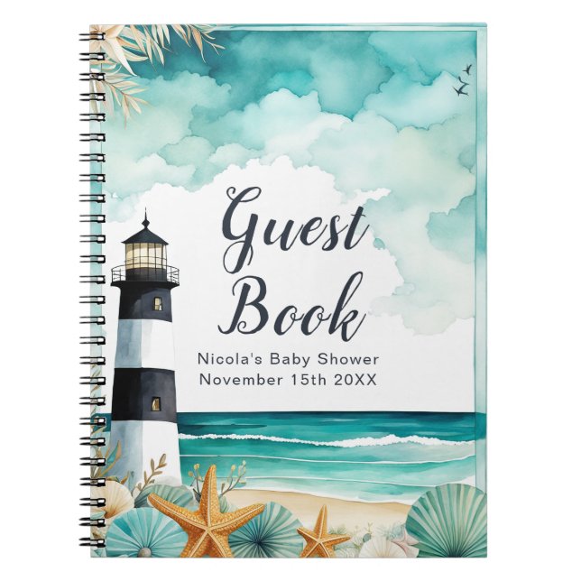 Caderno Espiral Nautical Lighthouse Baby Shower Guest Book (Frente)