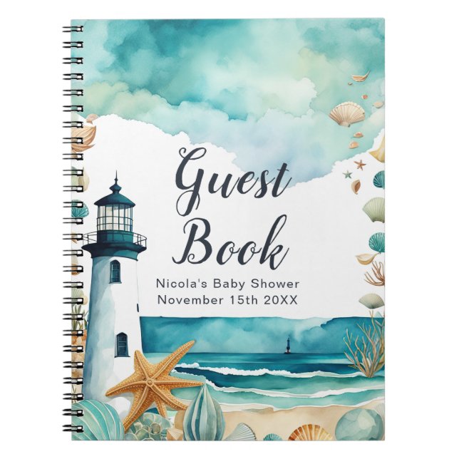 Caderno Espiral Nautical Lighthouse Baby Shower Guest Book (Frente)