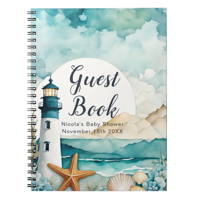 Caderno Espiral Nautical Lighthouse Baby Shower Guest Book (Frente)