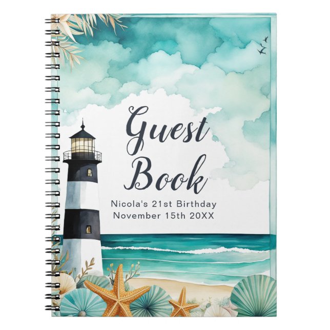Caderno Espiral Nautical Lighthouse Birthday Party Guest Book (Frente)