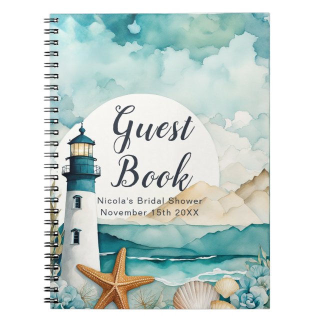 Caderno Espiral Nautical Lighthouse Bridal Shower Guest Book (Frente)