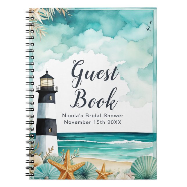 Caderno Espiral Nautical Lighthouse Bridal Shower Guest Book (Frente)