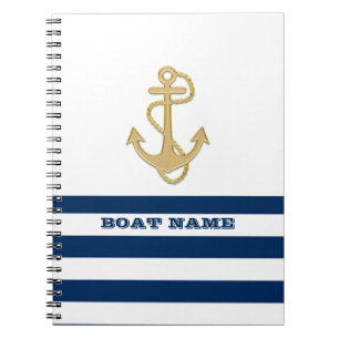 Caderno Espiral Náutico, Âncora Dourada  Azul Marinho Listras Bran