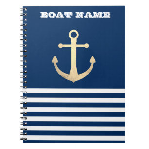 Caderno Espiral Náutico, âncora dourada listras azul-marinho