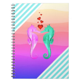 Caderno Espiral Náutico aqua/rosa/cavalos marinhos beijando coraçõ
