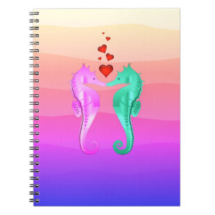 Caderno Espiral Náutico aqua/rosa/cavalos marinhos beijando coraçõ