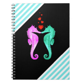Caderno Espiral Náutico aqua/rosa/cavalos marinhos beijando coraçõ