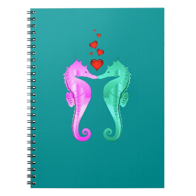Caderno Espiral Náutico aqua/rosa/cavalos marinhos beijando coraçõ (Frente)