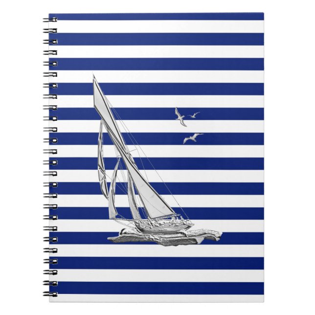 Caderno Espiral Navegação Cromo em faixas marítimas (Frente)