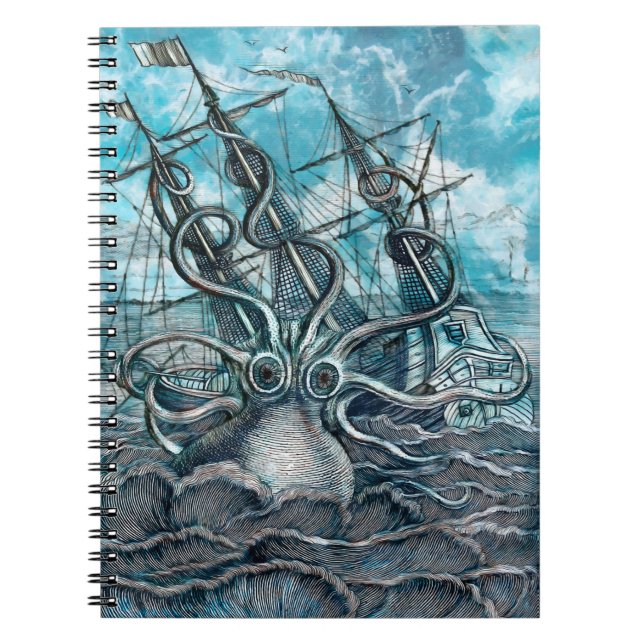 Caderno Espiral Navio gigante Octopus Blue Sea Monster (Frente)