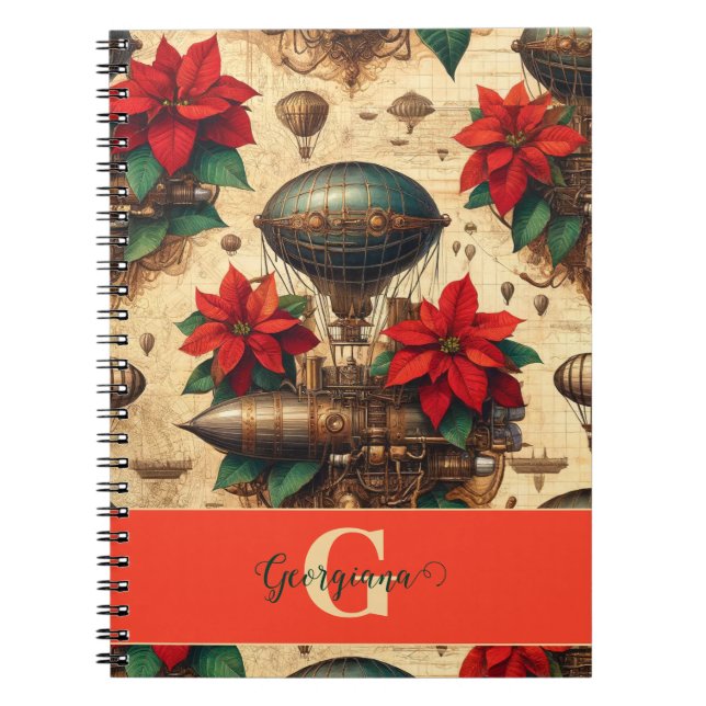 Caderno Espiral Navio Steampunk Personalizado com Poinsettia (Frente)
