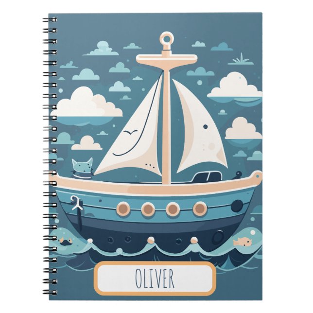 Caderno Espiral Navio-vela azul-cúmulo (Frente)