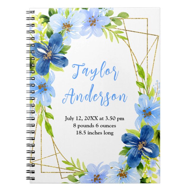 Caderno Espiral Navy and Baby Blue Floral Baby Birth Stats (Frente)