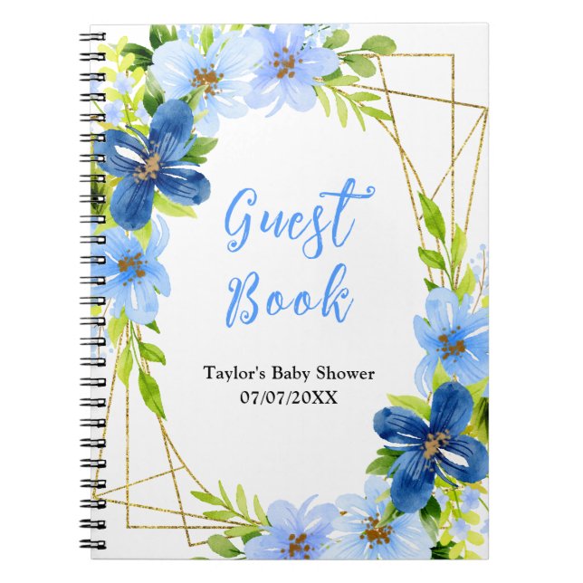 Caderno Espiral Navy and Baby Blue Floral Baby Shower Guest Book (Frente)
