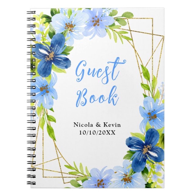Caderno Espiral Navy and Baby Blue Floral Wedding Guest Book (Frente)