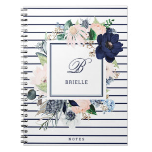 Caderno Espiral Navy and Blush Floral Stripe   Name and Monogram