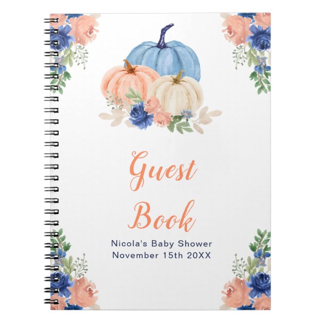 Caderno Espiral Navy Blue and Blush Floral Pumpkins Baby Shower (Frente)