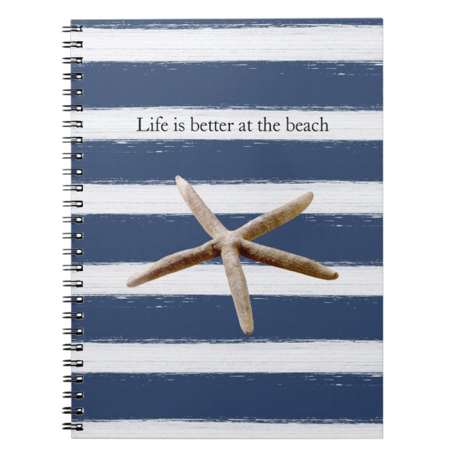 Caderno Espiral Navy Blue and White Stripes Starfish (Frente)