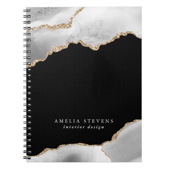 Caderno Espiral Negócios com Ágata Preta, Cinza e Dourada (Frente)
