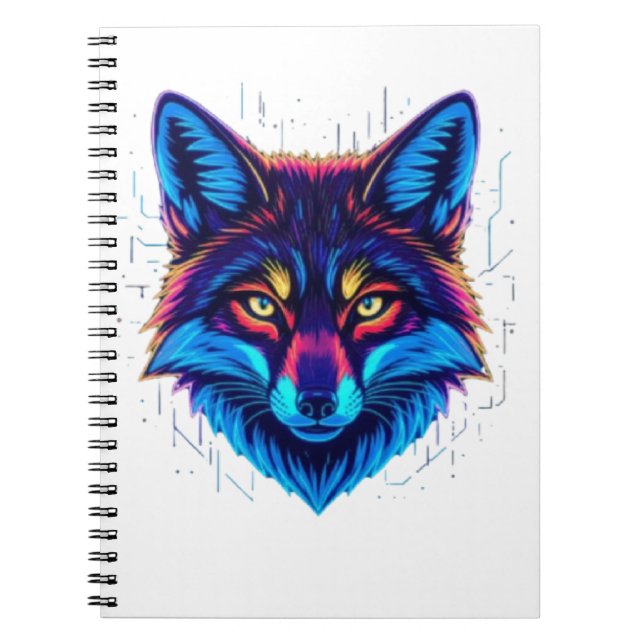 Caderno Espiral Neon Fox Face – Vibrant Glowing Design (Frente)