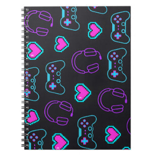 Caderno Espiral Neon Gamer Controller and Hearts Pattern