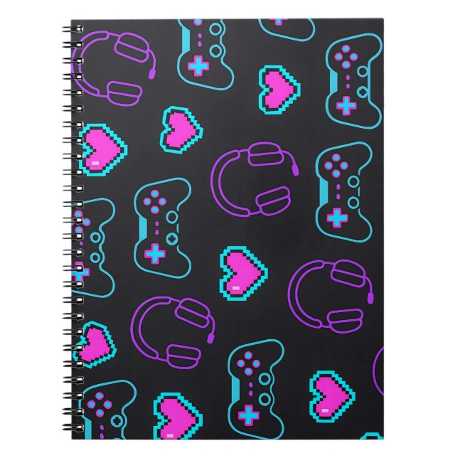 Caderno Espiral Neon Gamer Controller and Hearts Pattern (Frente)