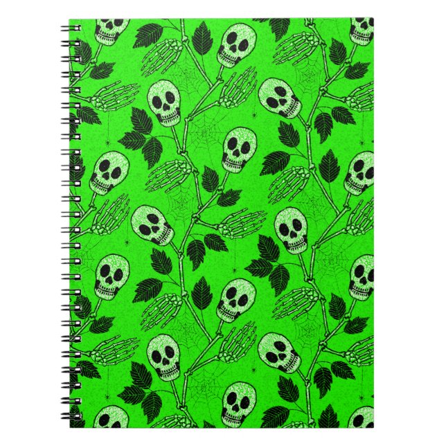 Caderno Espiral Neon Green Floral Gothic Skull  (Frente)