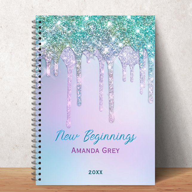 Caderno Espiral New beginnings Aqua Turquoise Drips monogram (Criador carregado)