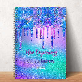 Caderno Espiral New beginnings blue ombre glitter drips monogram