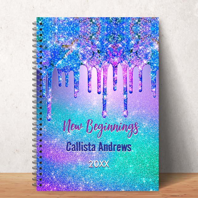 Caderno Espiral New beginnings blue ombre glitter drips monogram (Criador carregado)