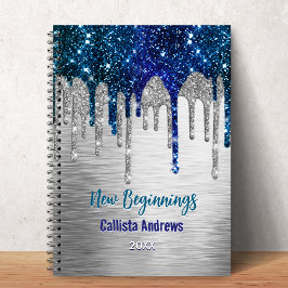 Caderno Espiral New beginnings Blue silver glitter Drips monogram