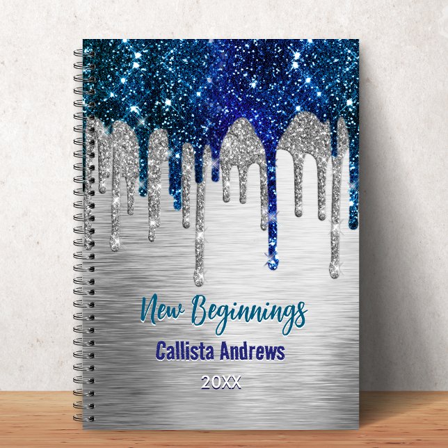 Caderno Espiral New beginnings Blue silver glitter Drips monogram (Criador carregado)