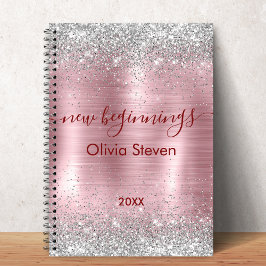 Caderno Espiral new beginnings blush silver faux glitter monogram