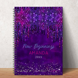 Caderno Espiral New beginnings Purple faux glitter Drips custom