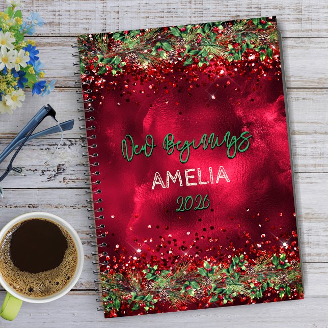 Caderno Espiral New beginnings quote elegant green red floral  (Criador carregado)