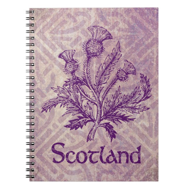 Caderno Espiral Nó celta roxo do cardo escocês (Frente)