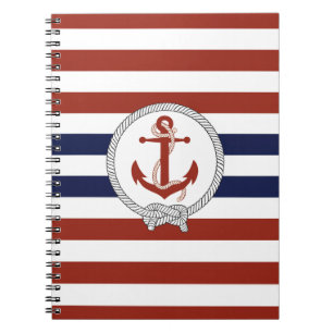 Caderno Espiral Nó/Marinho vermelho náutico/faixa azul/branca