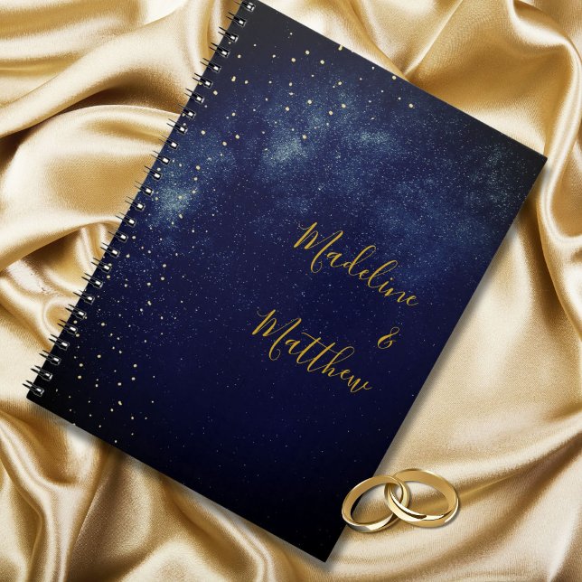 Caderno Espiral Noite de Astral Dourado Stars Casamento Azul (Criador carregado)