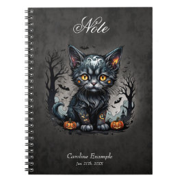 Caderno Espiral Noite de Halloween com gatinho e abóboras.