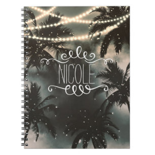 Caderno Espiral Noite Encantada Palmeiras Céu Noturno & Luzes de N