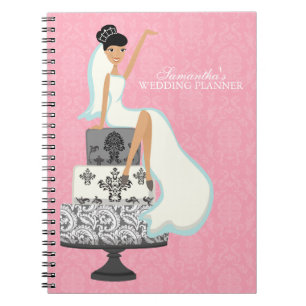 Caderno Espiral Noiva de cabelo preta no bolo de casamento {rosa}