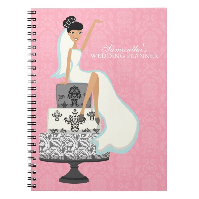 Caderno Espiral Noiva de cabelo preta no bolo de casamento {rosa} (Frente)