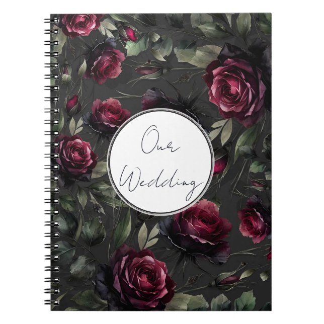 Caderno Espiral Noiva Floral Cinza Sombrio Rosas Vermelhas de Bord (Frente)