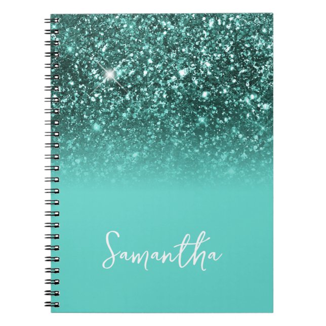 Caderno Espiral Nome Azul Ombre Brilho Turquesa (Frente)