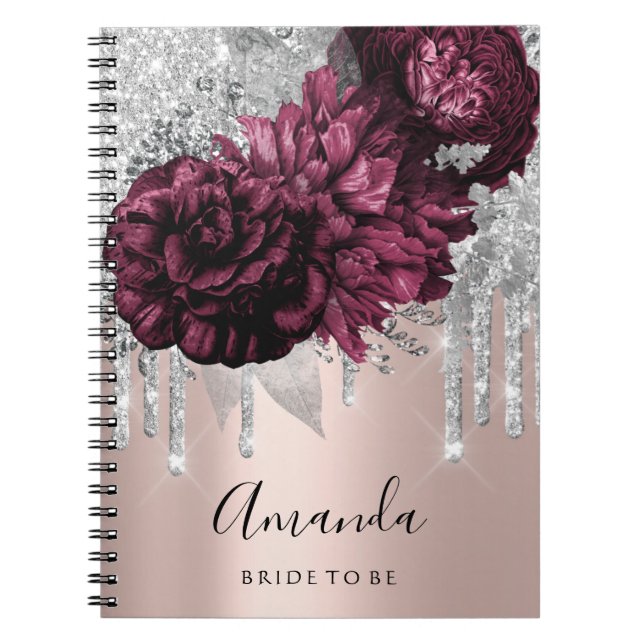 Caderno Espiral Nome Chá de panela Marsala Drips Floral Peony (Frente)