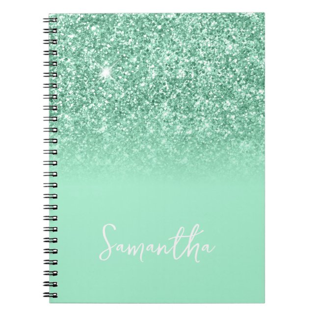 Caderno Espiral Nome com Brilho em Verde Menta Ombre (Frente)