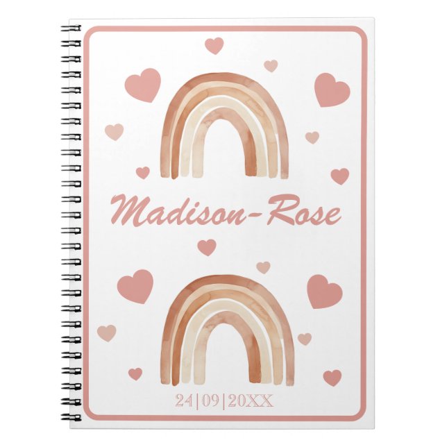 Caderno Espiral Nome Corações Arco-Íris Boho Terracota (Frente)