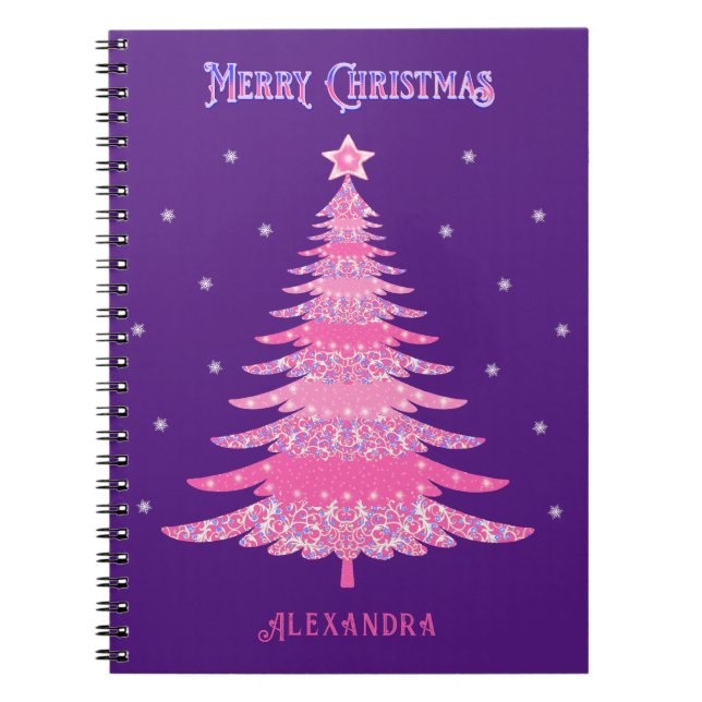 Caderno Espiral Nome da Árvore de Natal Rosa Púrpura Personalizada (Frente)