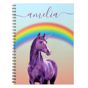 Caderno Espiral Nome da Caligrafia Bonito Roxo Unicorn e Rainbow
