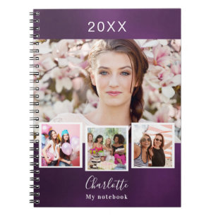 Caderno Espiral Nome da colagem de fotos roxas
